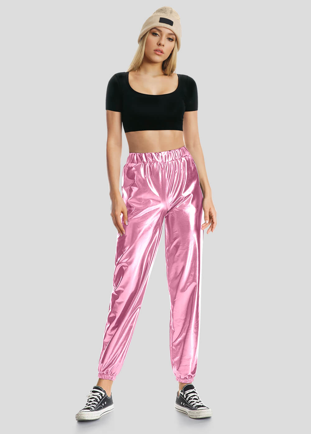 High Waisted Shiny Metallic Jogger Pants