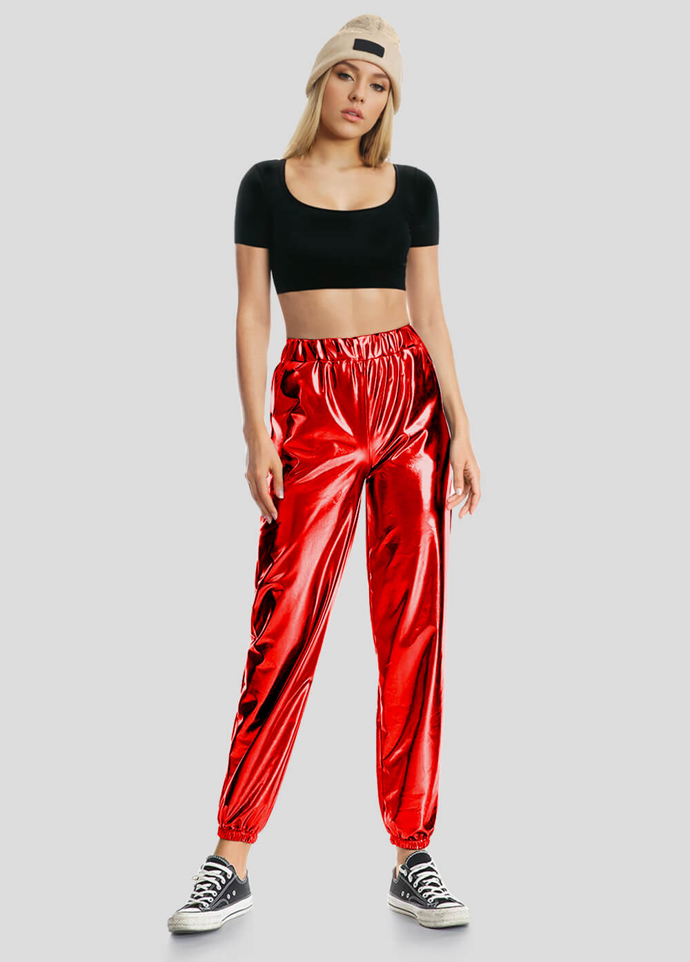 High Waisted Shiny Metallic Jogger Pants