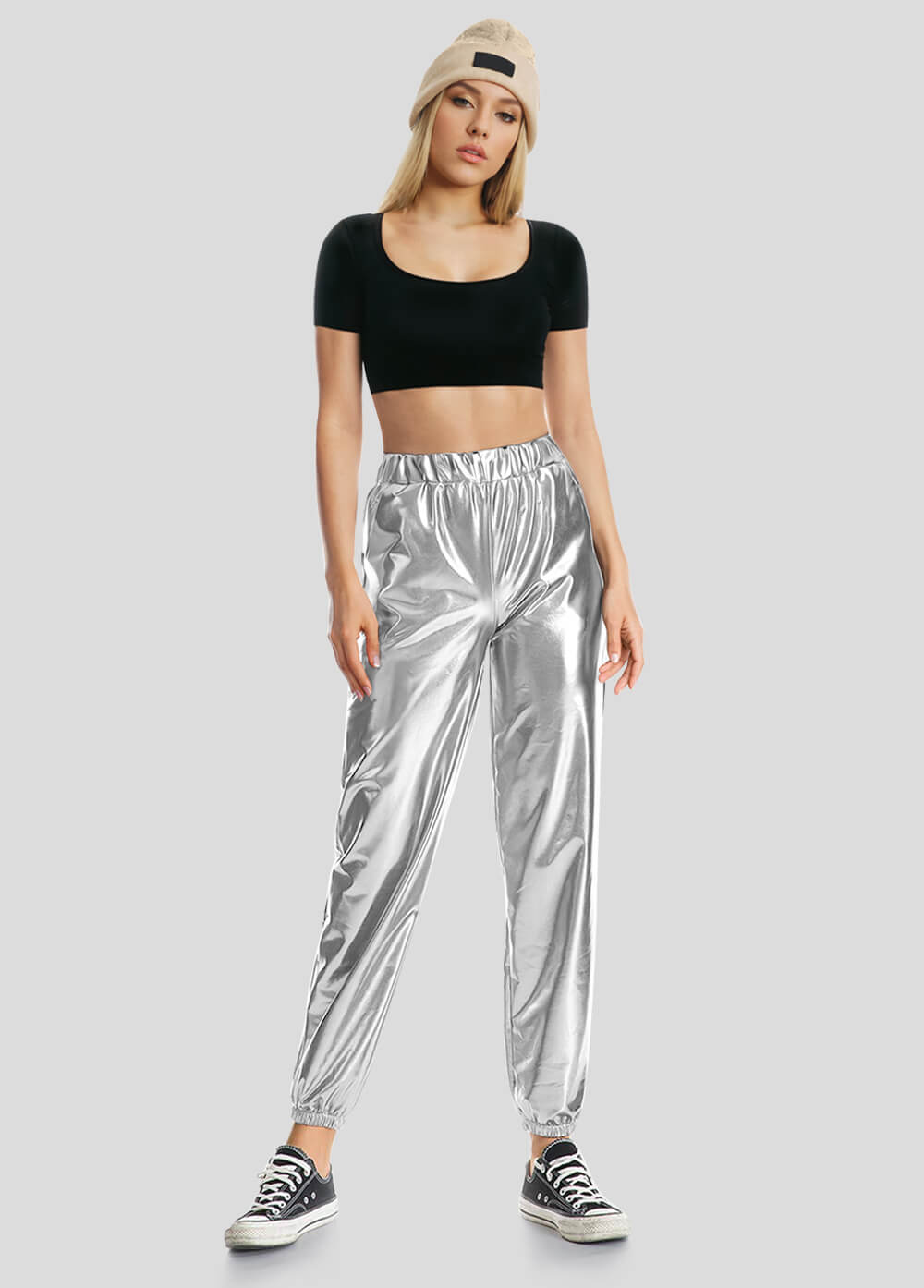 High Waisted Shiny Metallic Jogger Pants
