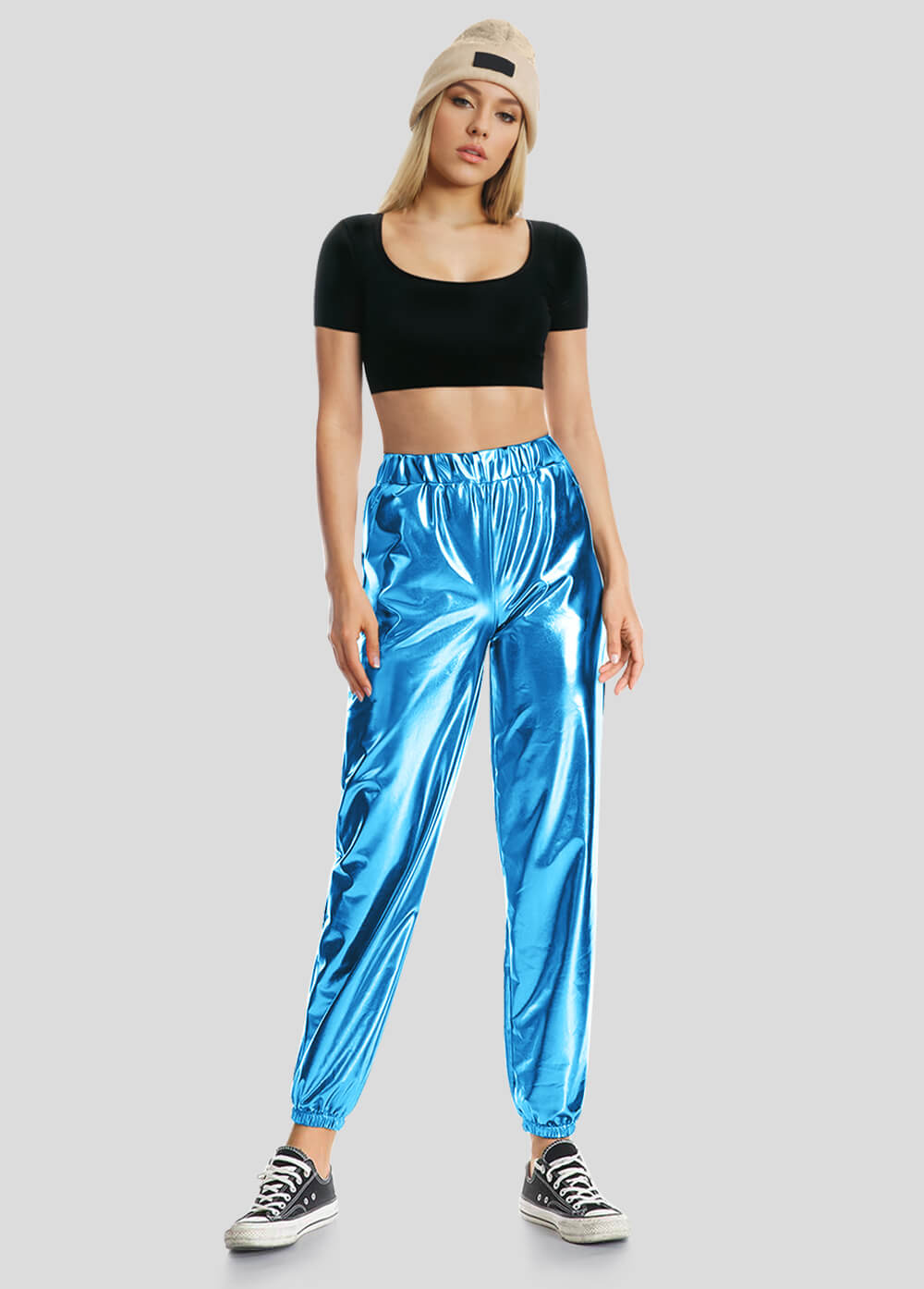 High Waisted Shiny Metallic Jogger Pants