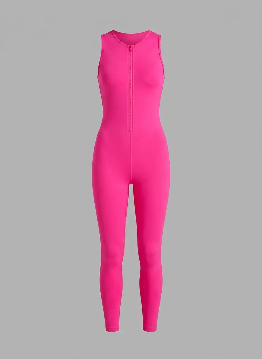 A bright hot pink sleeveless zip-up one-piece jumpsuit shown on a neutral gray background.