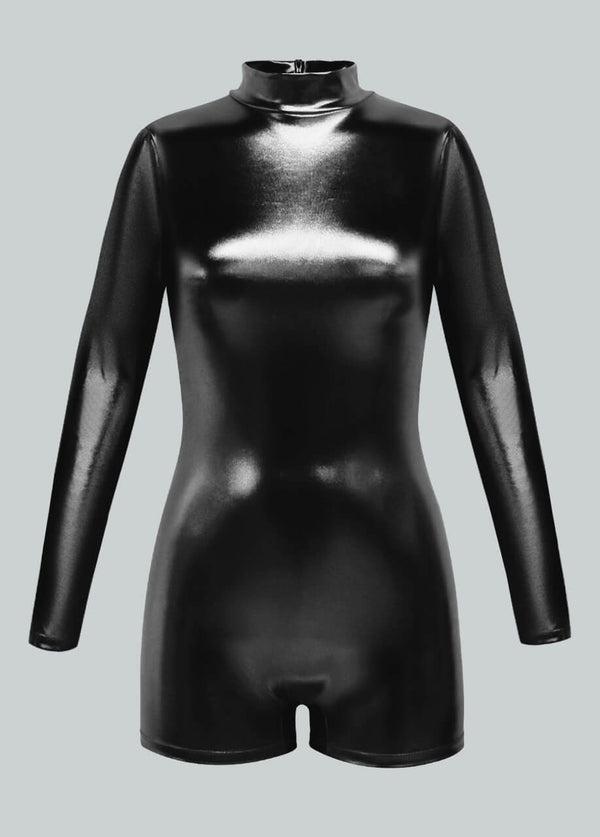 Liquid Metallic Mock Neck Romper | Shiny Long Sleeve Unitard - Black
