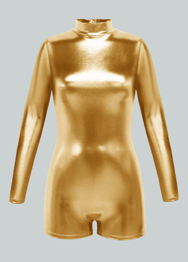 Liquid Metallic Mock Neck Romper | Shiny Long Sleeve Unitard - Gold