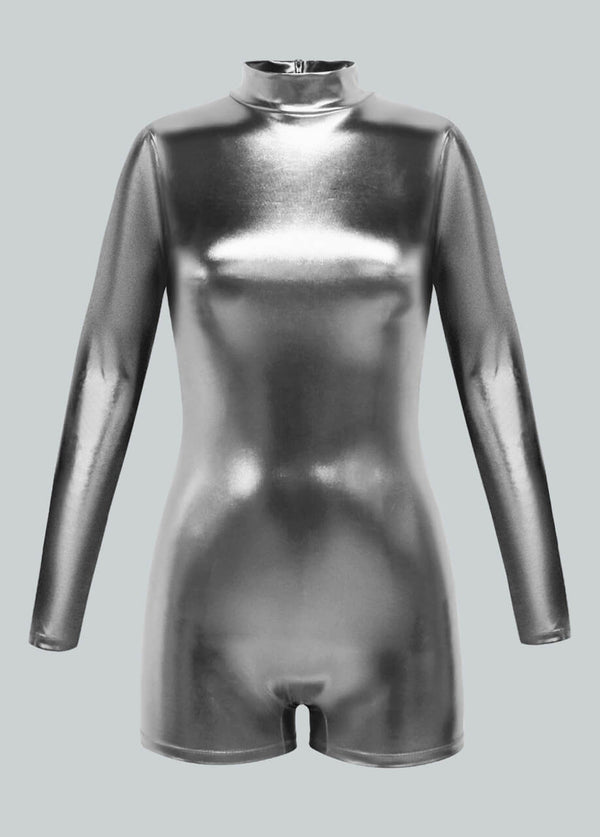 Liquid Metallic Mock Neck Romper | Shiny Long Sleeve Unitard - Gray