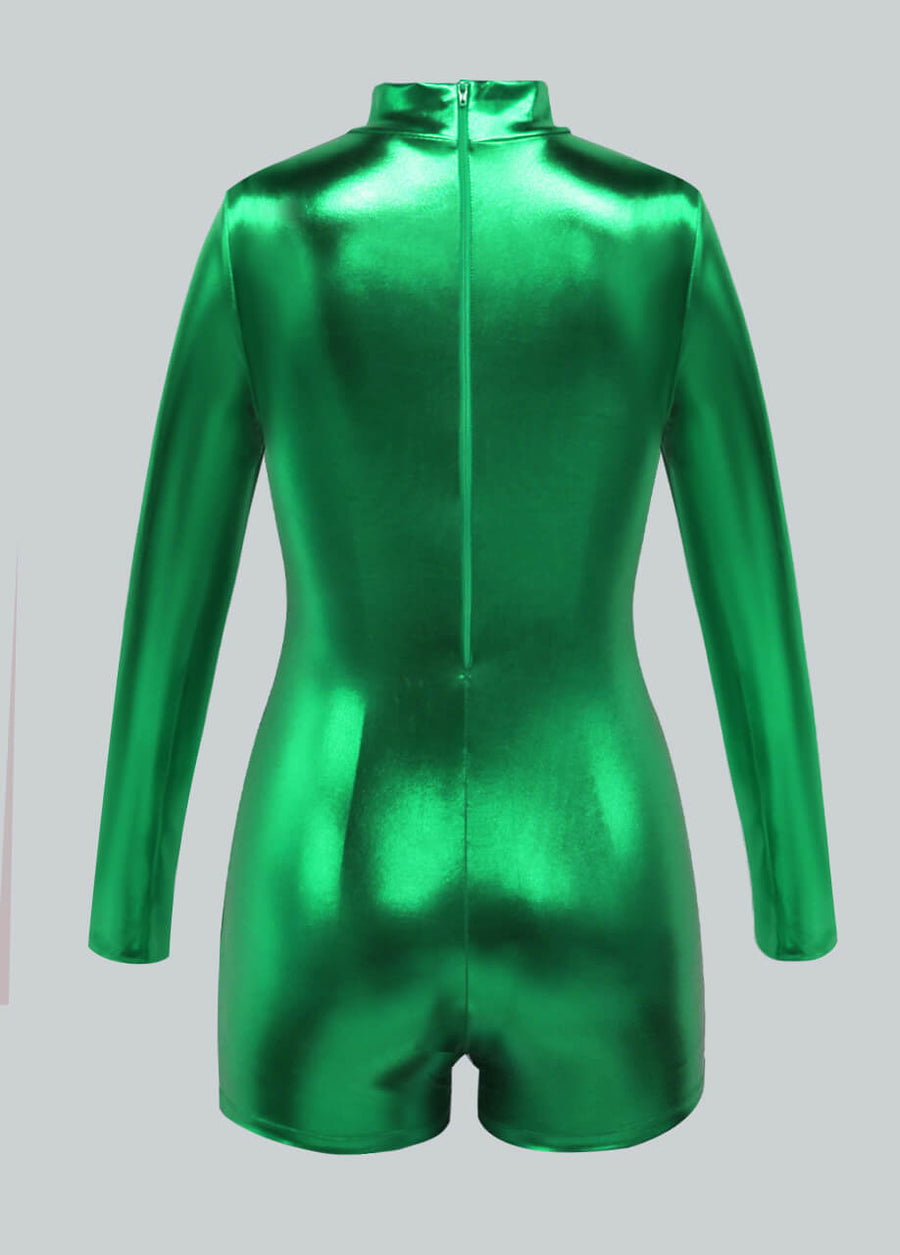 Women's Shiny Metallic Long Sleeve Romper - Mock Neck Disco Party Unitard