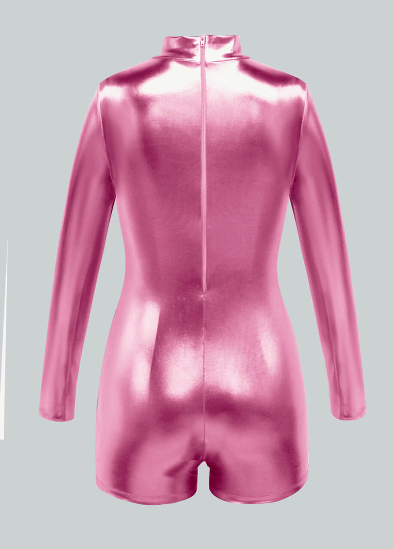 Women's Shiny Metallic Long Sleeve Romper - Mock Neck Disco Party Unitard