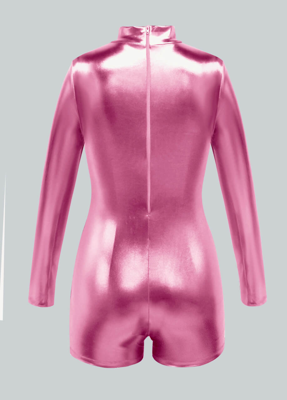 Long Sleeve Mock Neck Shiny Metallic Romper