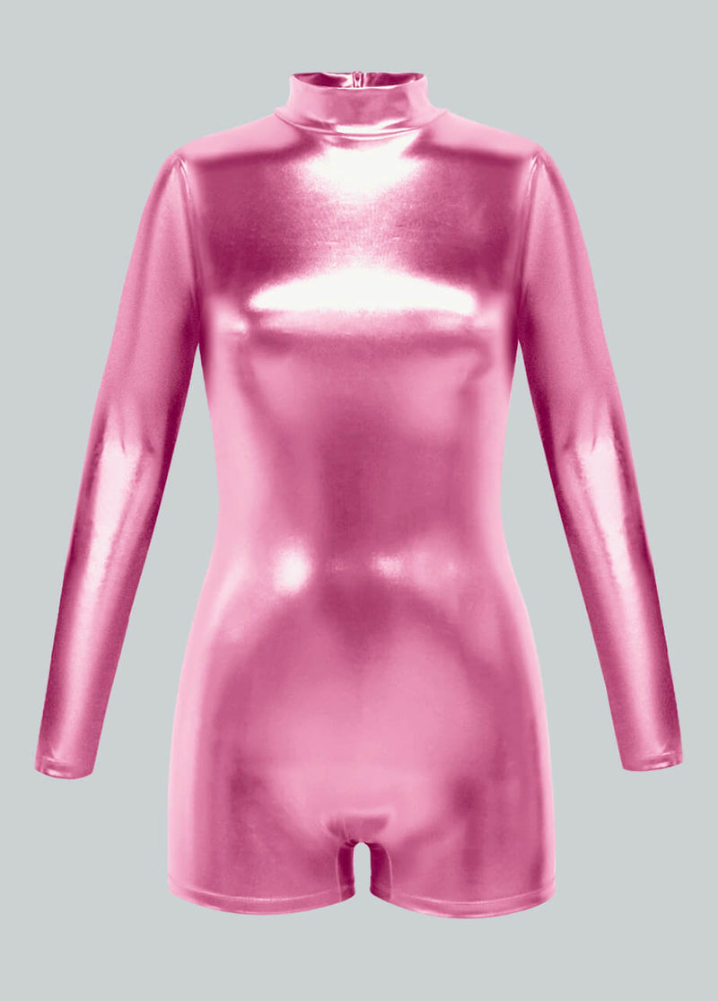 Women's Shiny Metallic Long Sleeve Romper - Mock Neck Disco Party Unitard