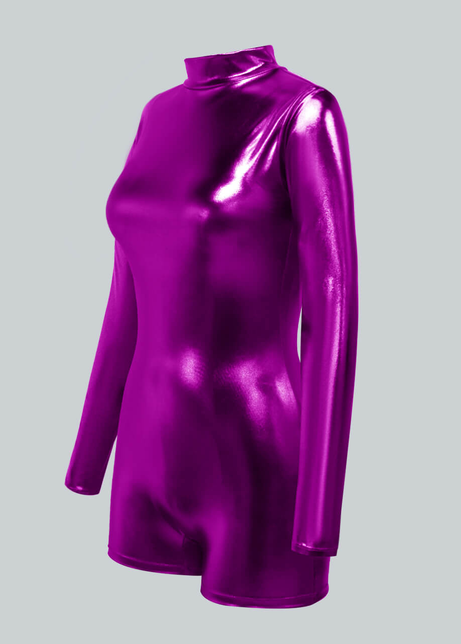 Long Sleeve Mock Neck Shiny Metallic Romper
