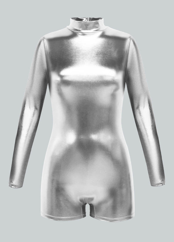 Liquid Metallic Mock Neck Romper | Shiny Long Sleeve Unitard - Silver