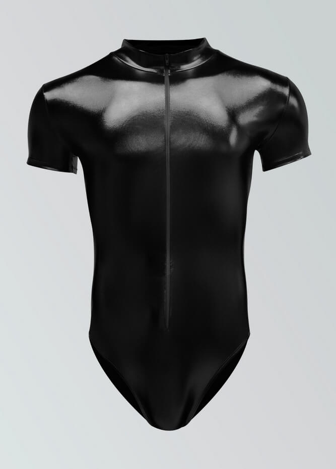 Mens Metallic Shiny Short Sleeve Zip Front Leotard