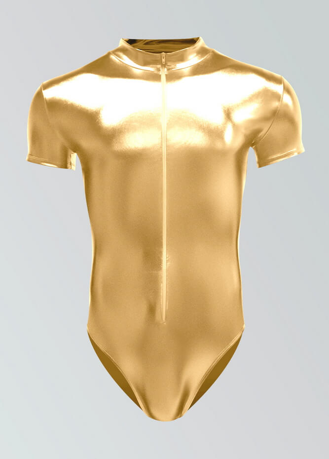 Mens Metallic Shiny Short Sleeve Zip Front Leotard