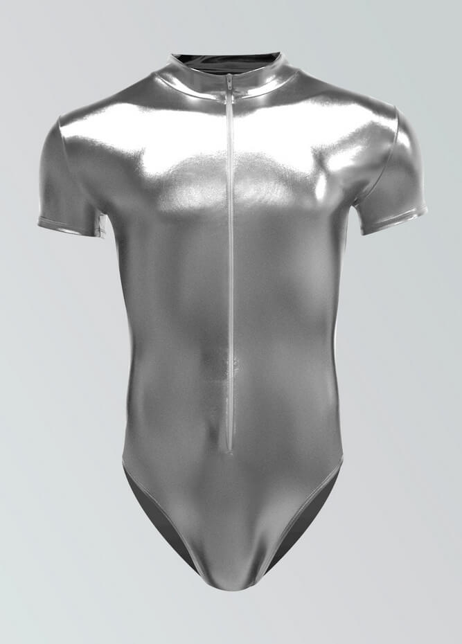 Mens Metallic Shiny Short Sleeve Zip Front Leotard