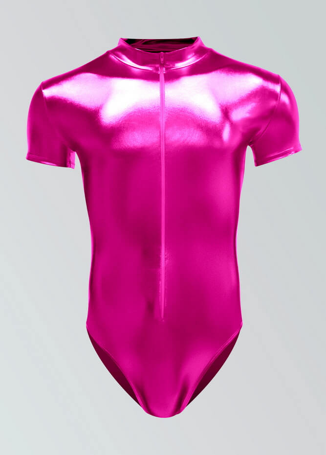 Mens Metallic Shiny Short Sleeve Zip Front Leotard