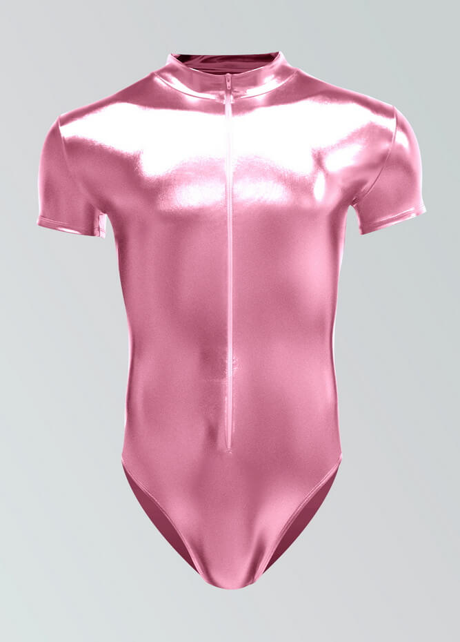 Mens Metallic Shiny Short Sleeve Zip Front Leotard