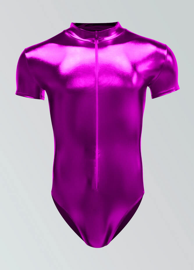 Mens Metallic Shiny Short Sleeve Zip Front Leotard