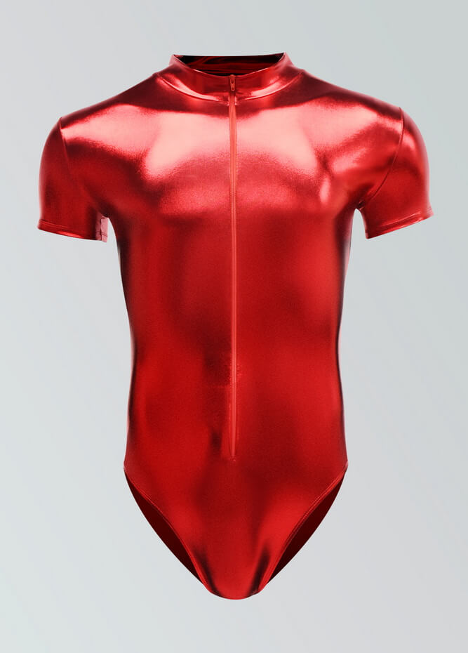 Mens Metallic Shiny Short Sleeve Zip Front Leotard