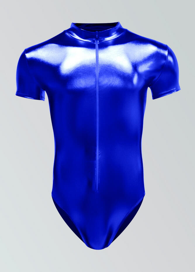 Mens Metallic Shiny Short Sleeve Zip Front Leotard
