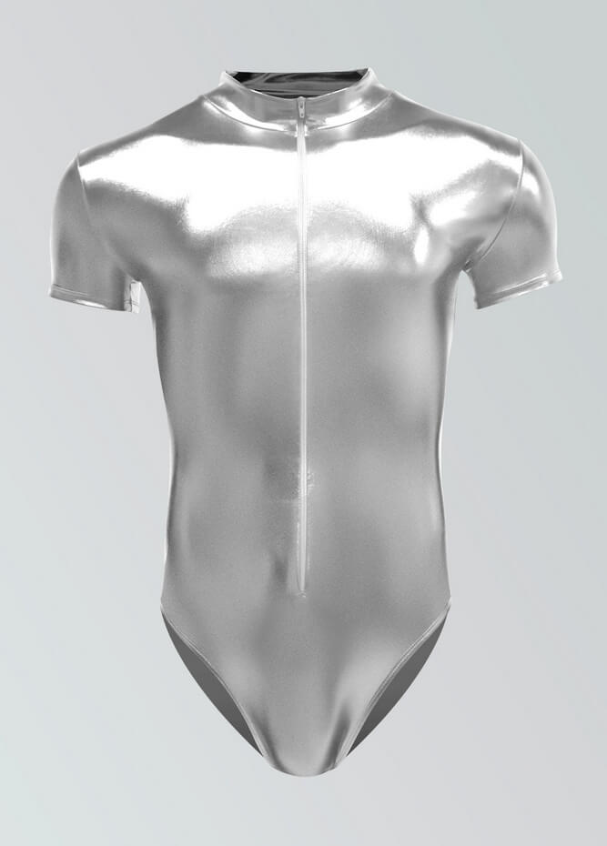 Mens Metallic Shiny Short Sleeve Zip Front Leotard