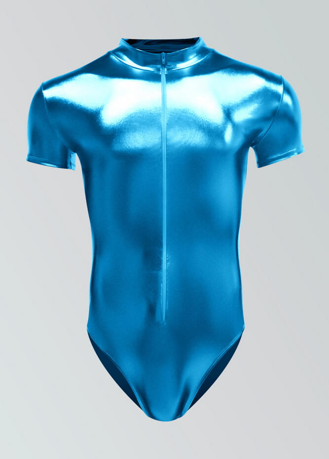 Mens Metallic Shiny Short Sleeve Zip Front Leotard