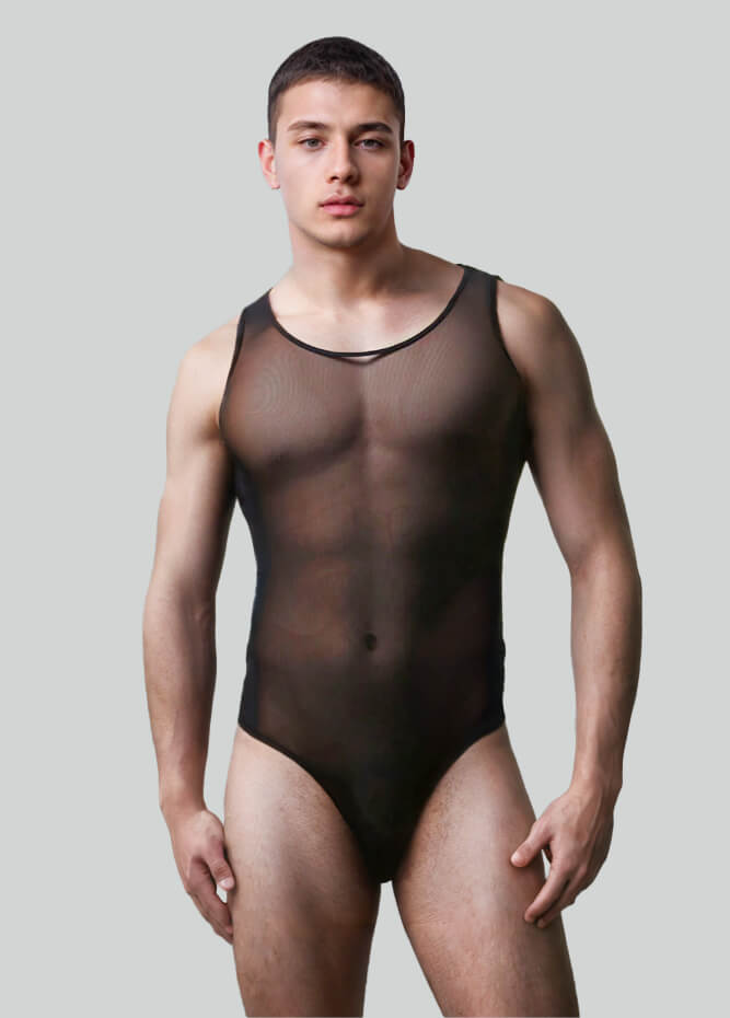 Mens See Through Mesh Sleeveless Leotard