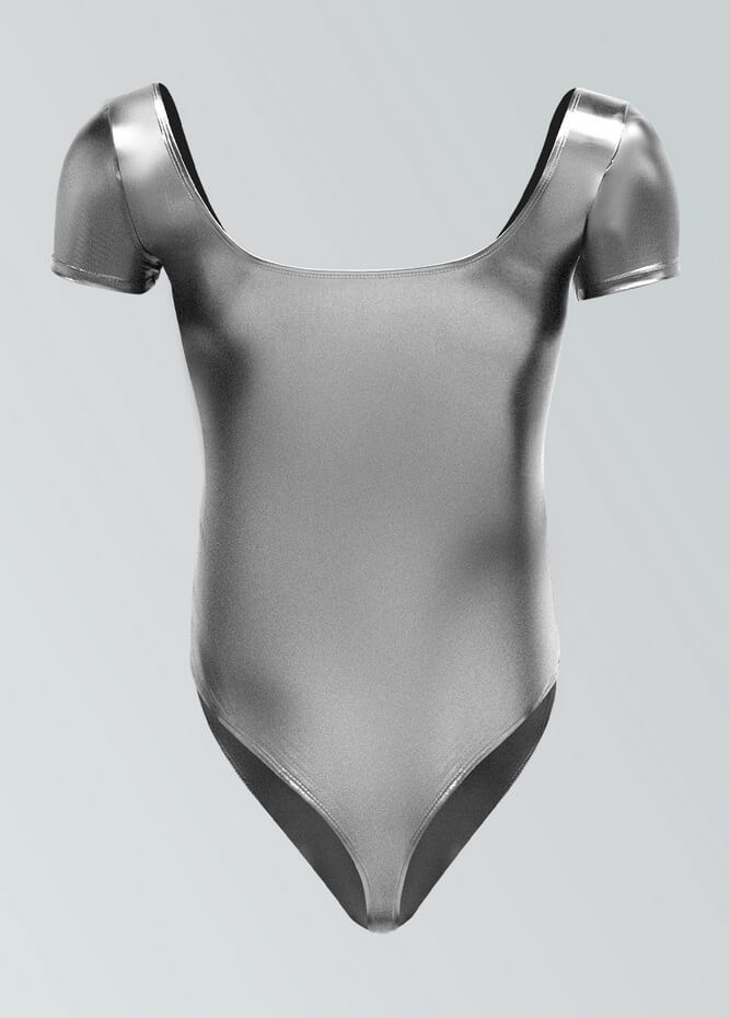 Mens Shiny Metallic Short Sleeve Square Neck Thong Leotard