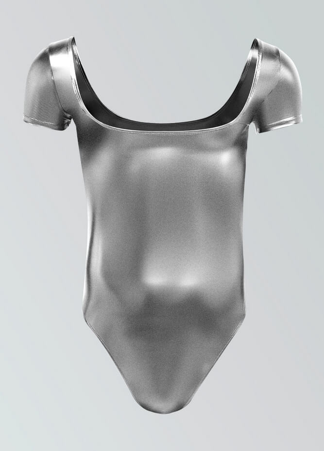 Mens Shiny Metallic Short Sleeve Square Neck Thong Leotard
