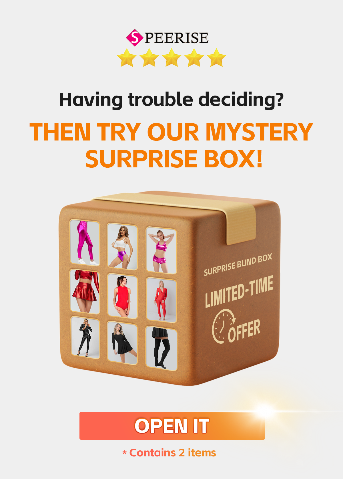 Promotional image of a mystery surprise box with Speerise branding and text.
