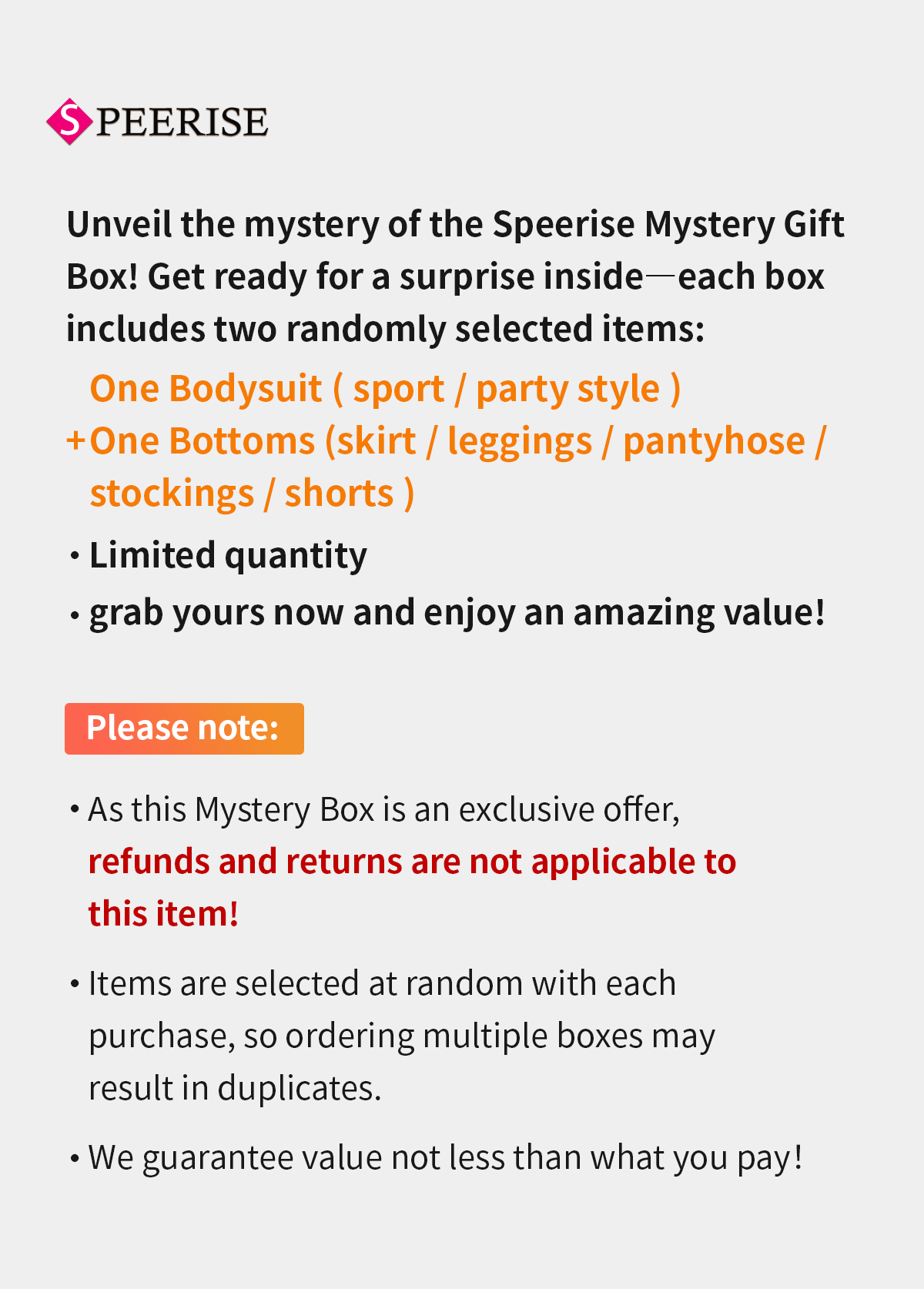 Promotional text for Speerise Mystery Gift Box with Speerise branding.