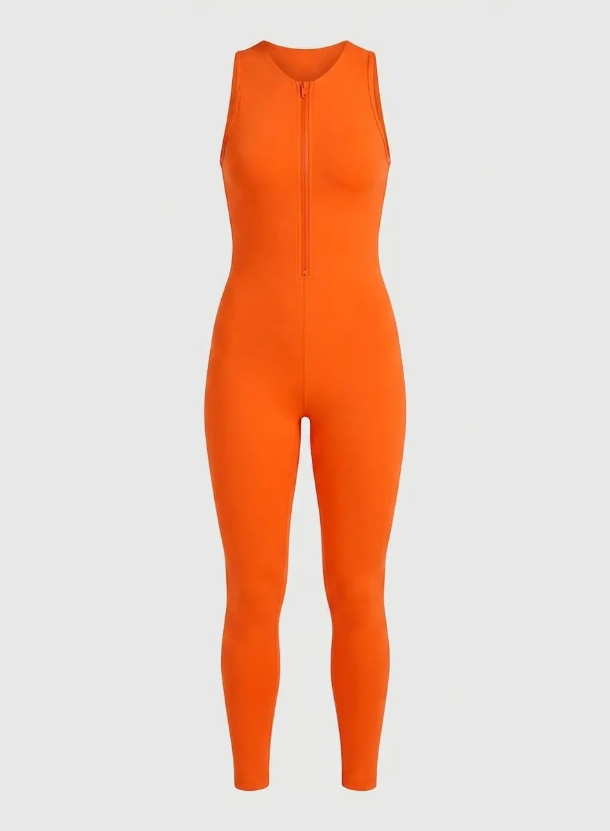 A bright orange sleeveless zip-front jumpsuit shown flat against a light gray background.