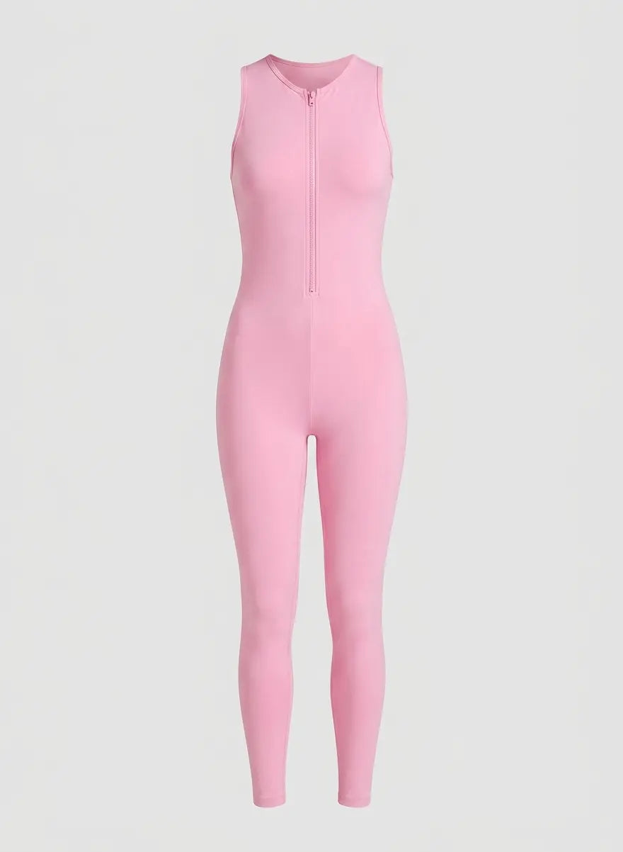 A sleeveless light pink one-piece jumpsuit with a front zipper, shown on a neutral light gray background.