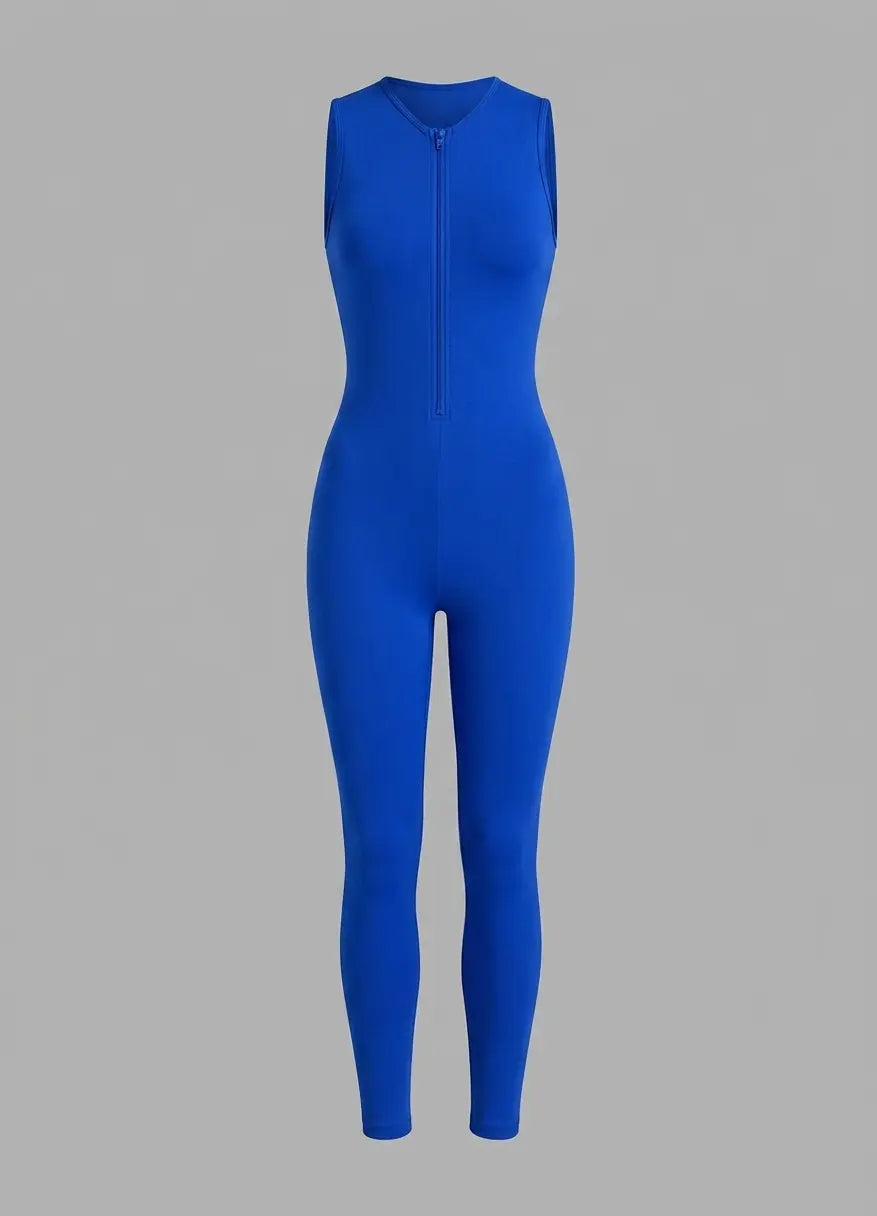 A sleeveless royal blue one-piece jumpsuit with a front zipper, shown on a neutral gray background.