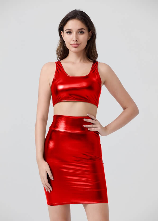 Shiny Metallic Tops & Pencil Skirt Set