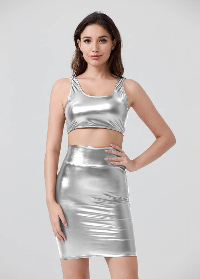 Shiny Metallic Tops & Pencil Skirt Set