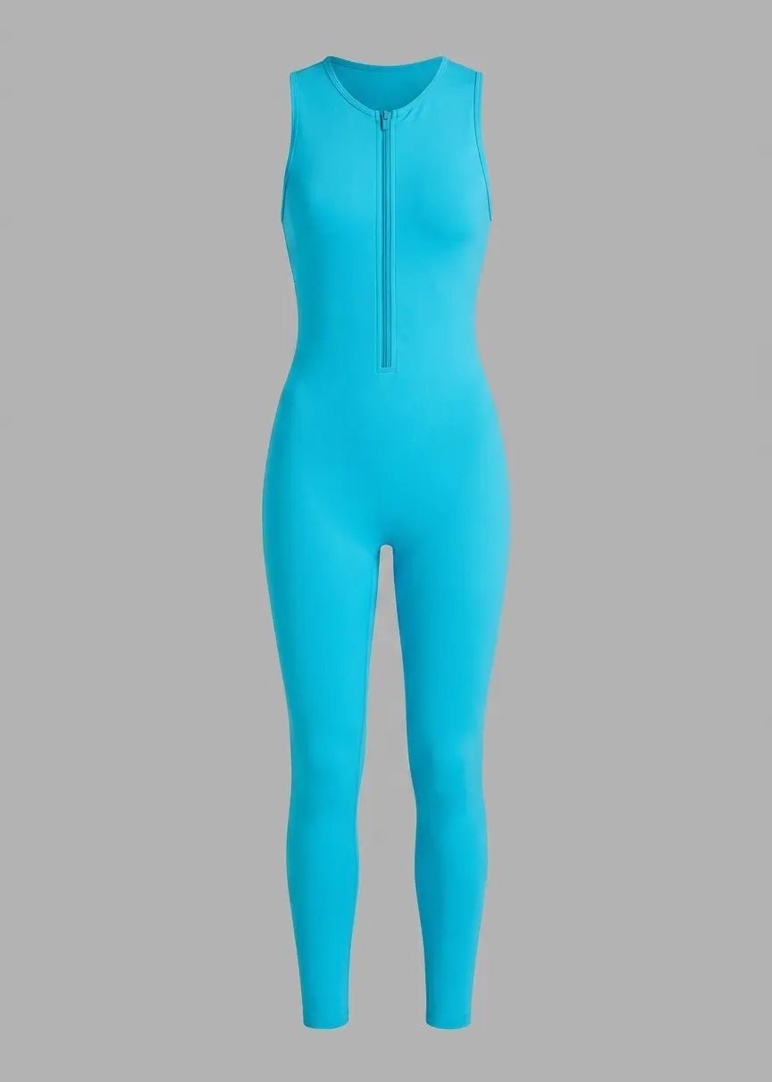 A bright turquoise sleeveless one-piece jumpsuit with a front zipper, shown on a solid gray background.