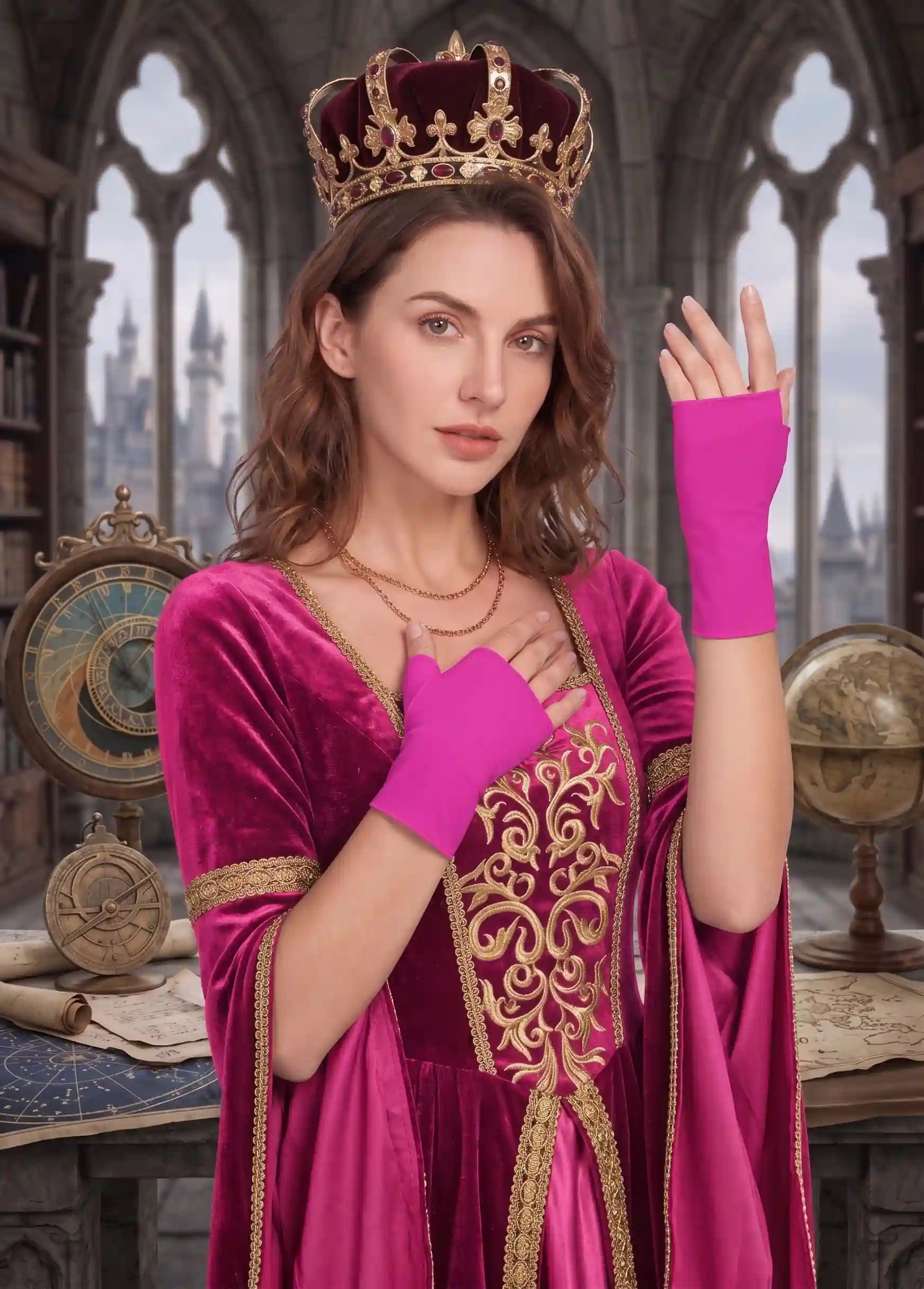 Woman in a pink dress with gold accents and a crown in a gothic-style room.
