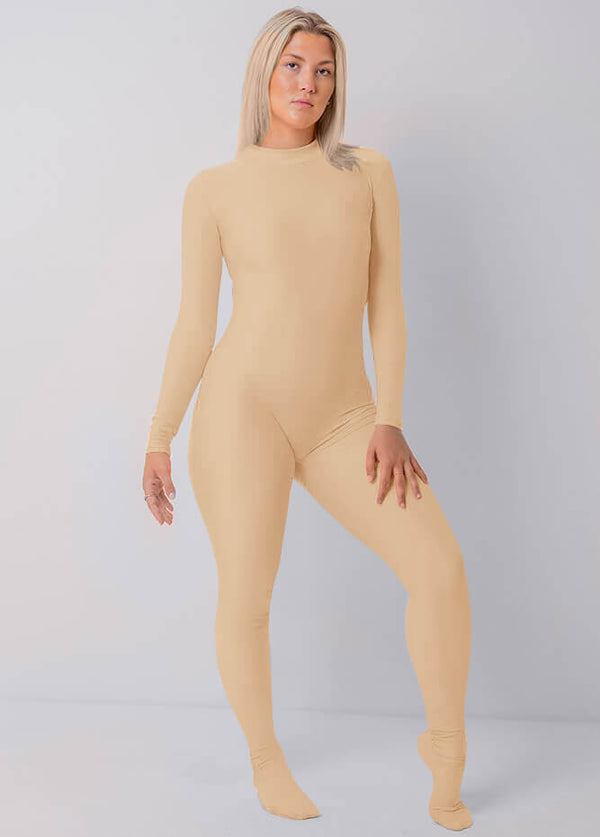 Womens Full Bodysuit One Piece Footed Unitard - Nude