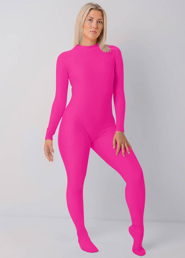 Womens Full Bodysuit One Piece Footed Unitard - Hot Pink
