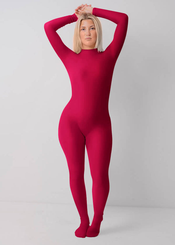 Womens Full Bodysuit One Piece Footed Unitard - Maroon