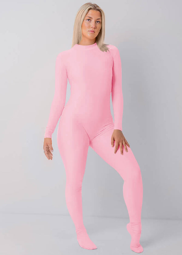 Womens Full Bodysuit One Piece Footed Unitard - Pink