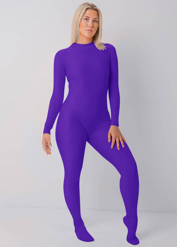 Womens Full Bodysuit One Piece Footed Unitard - Purple