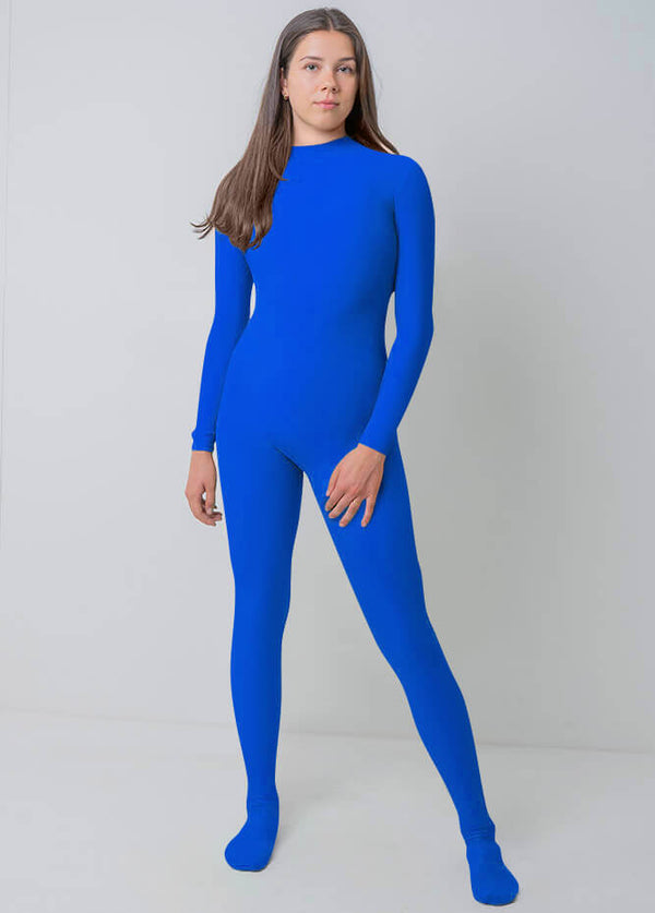 Womens Full Bodysuit One Piece Footed Unitard - Royal Blue