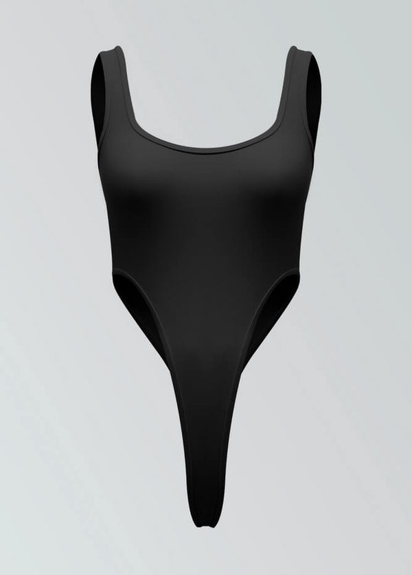 Womens Sexy High Cut Thong Square Neck Leotard - Black