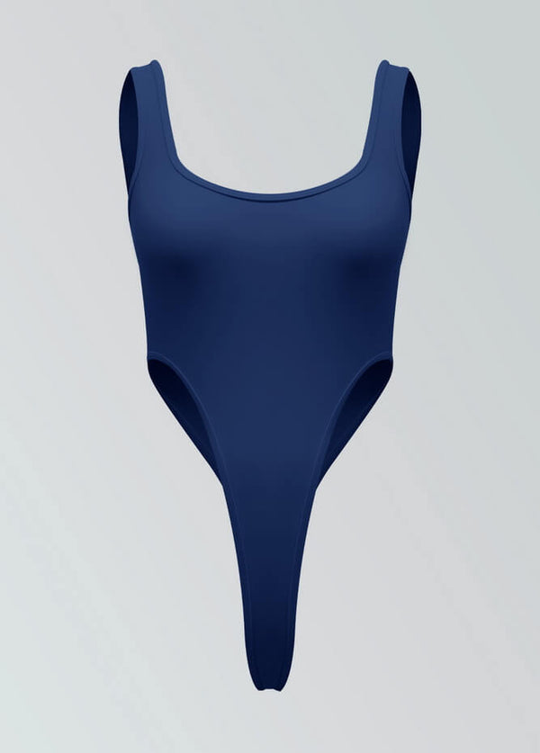 Womens Sexy High Cut Thong Square Neck Leotard - Navy