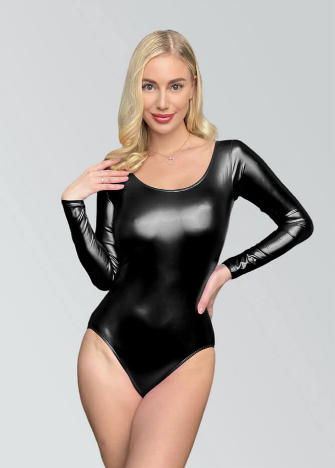 Womens Long Sleeve Shiny Metallic Leotard
