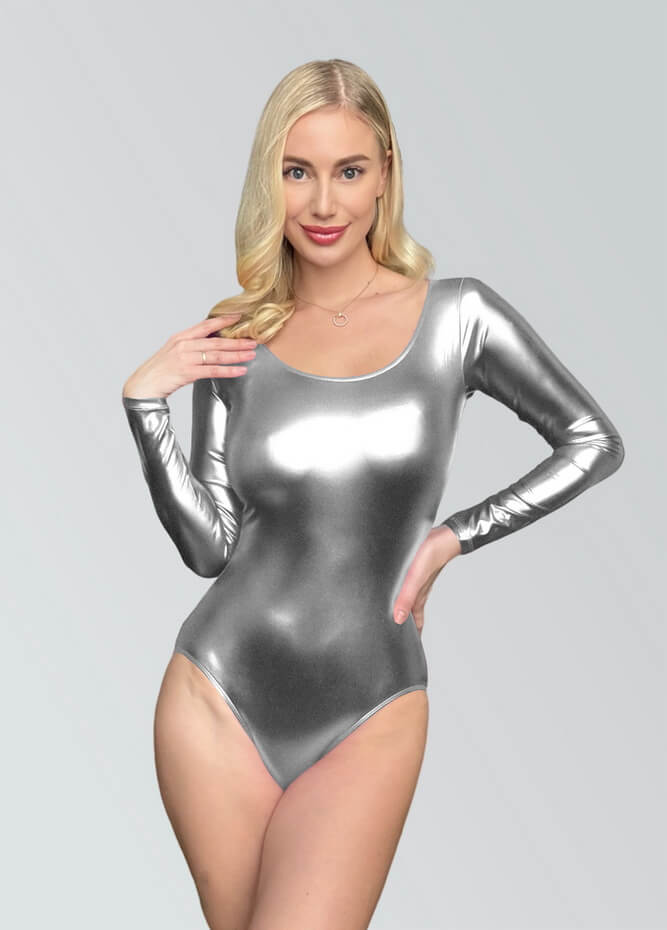 Womens Long Sleeve Shiny Metallic Leotard