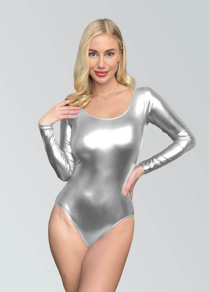 Womens Long Sleeve Shiny Metallic Leotard