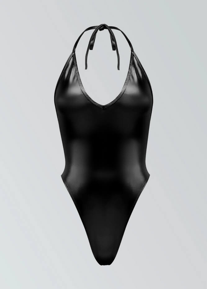 Womens Metallic Halter V-Neck Thong Leotard