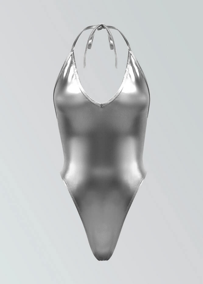 Womens Metallic Halter V-Neck Thong Leotard