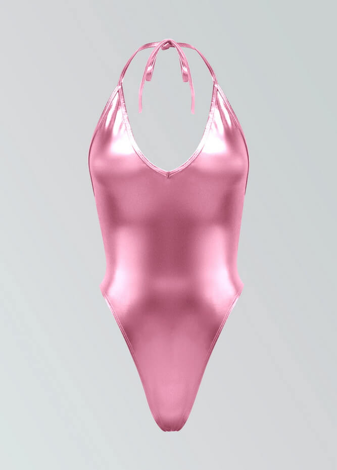 Womens Metallic Halter V-Neck Thong Leotard